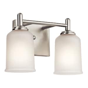 Shailene 12.5 in. 2-Light Brushed Nickel Traditional Bathroom Vanity Light with Satin Etched Glass