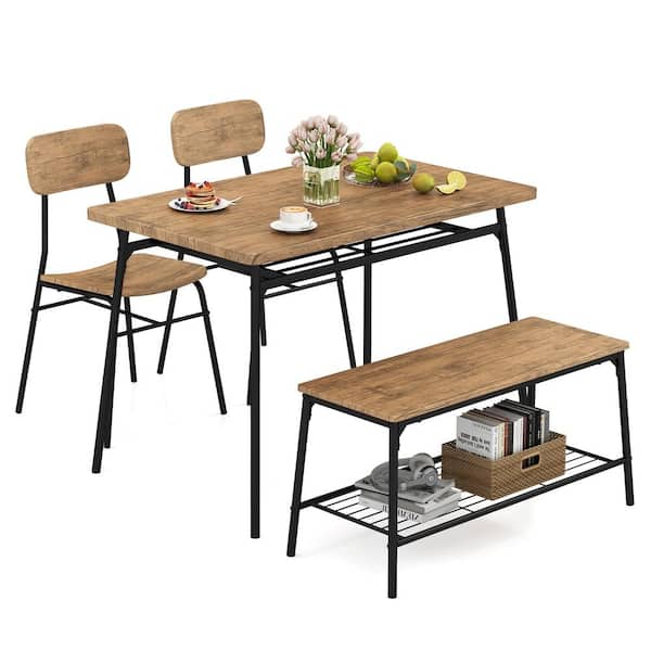 4-Piece Outdoor Dining Table Set with Metal Frame, Bench and 2 Chairs, Brown Finish