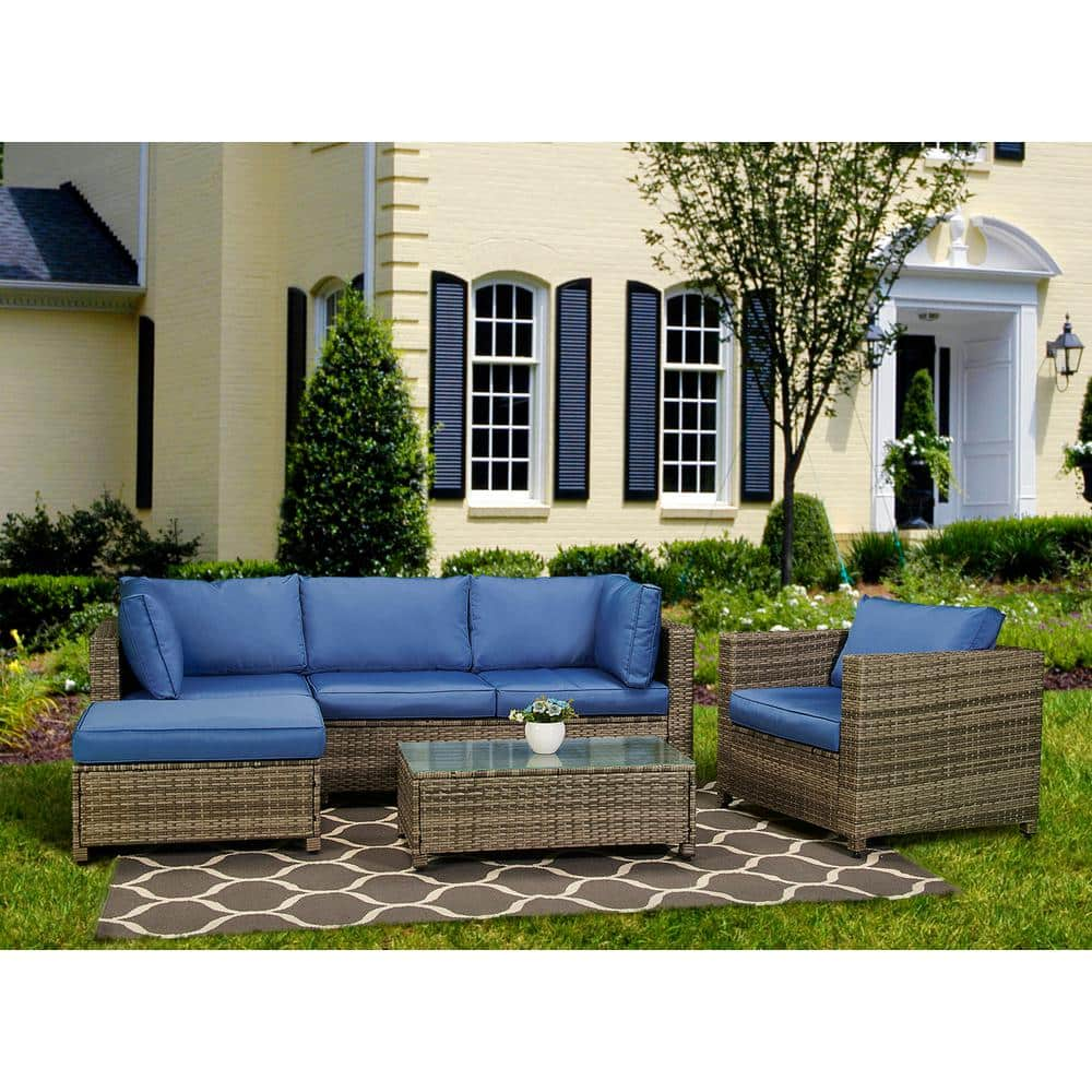 EDYO LIVING 4-Piece Wicker Patio Sectional Seating Set with Blue ...