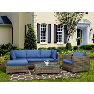4-Piece Wicker Patio Sectional Seating Set with Blue Cushions