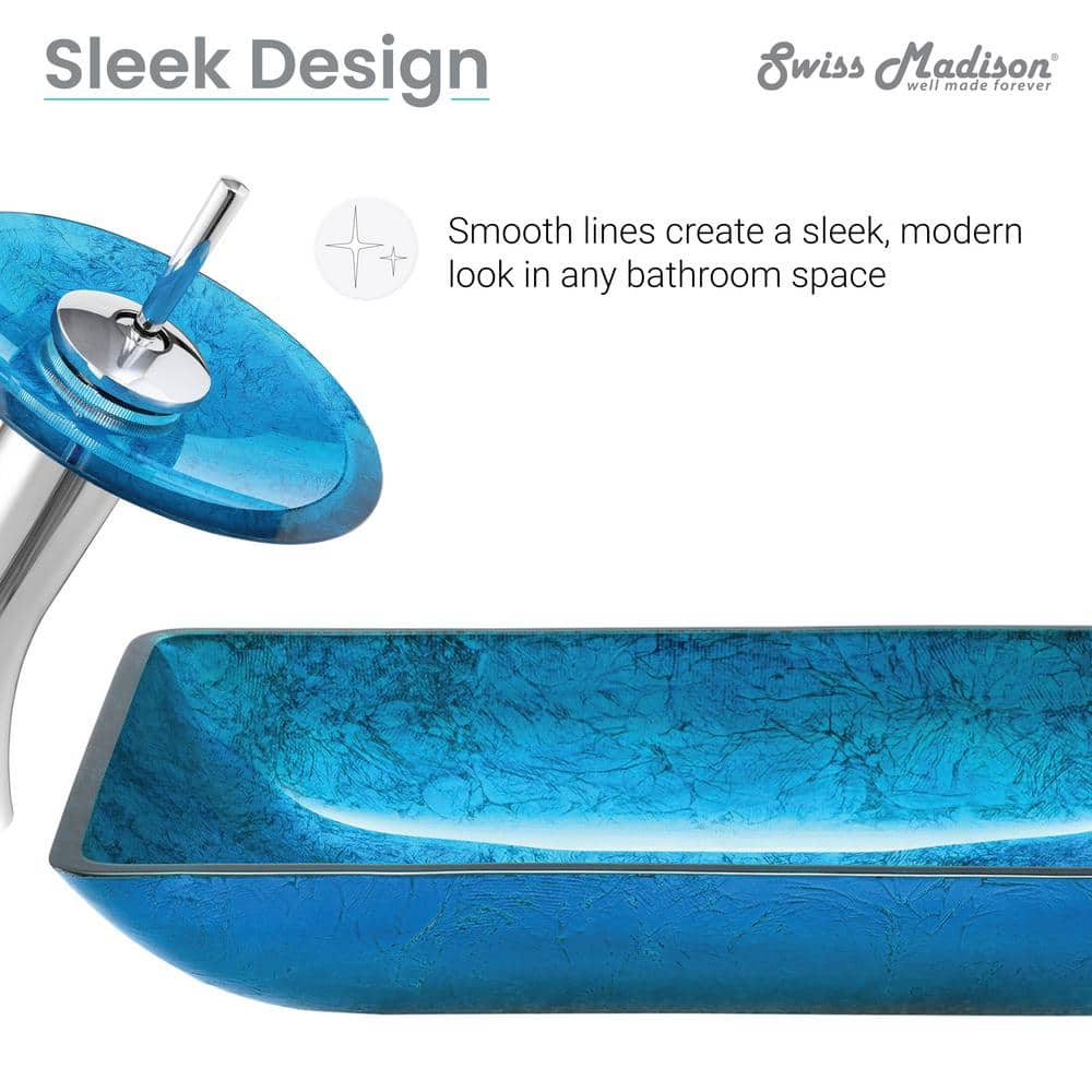 Cascade Ocean Blue Rectangular Glass Vessel Sink with Faucet