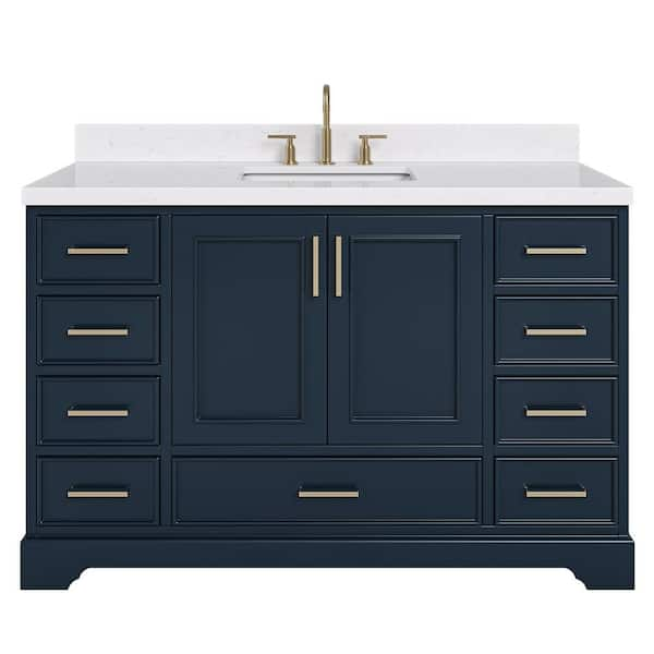 Stafford 54 in. W x 22 in. D x 36 in. H Single Freestanding Bath Vanity in Midnight Blue with Carrara White Quartz Top