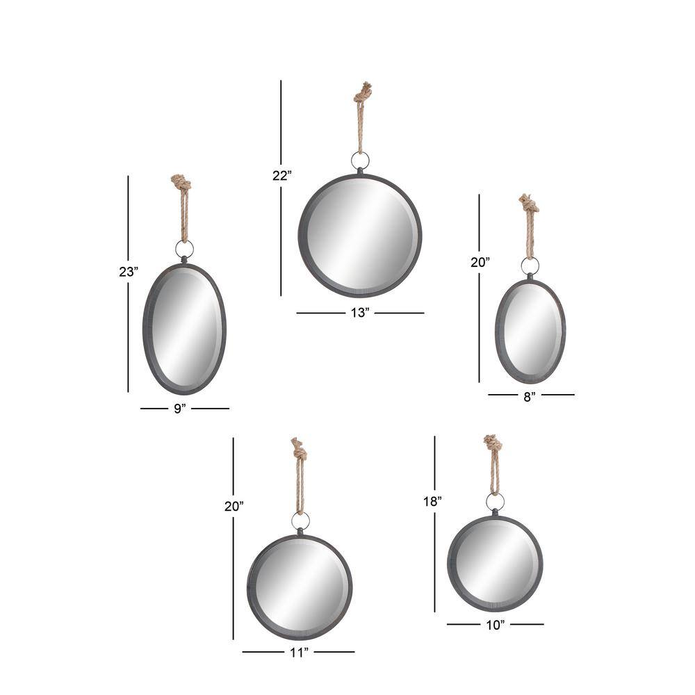 Gray Metal Round and Oval Wall Mirrors with Rope Hangers, Set of 5