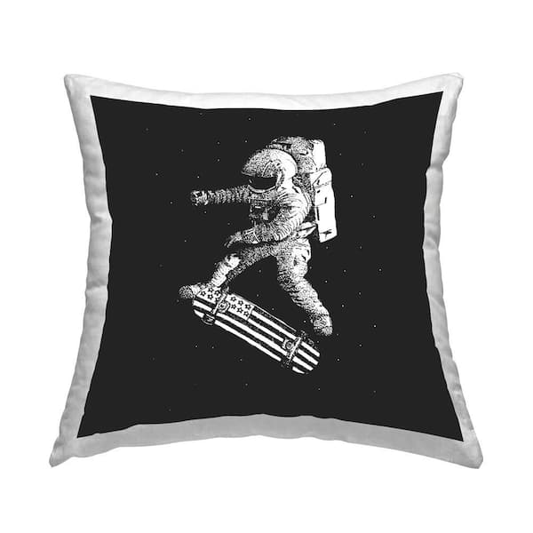 Stupell Industries Skateboarding Astronaut on Black Black Print Polyester 18 in. x 18 in. Throw Pillow