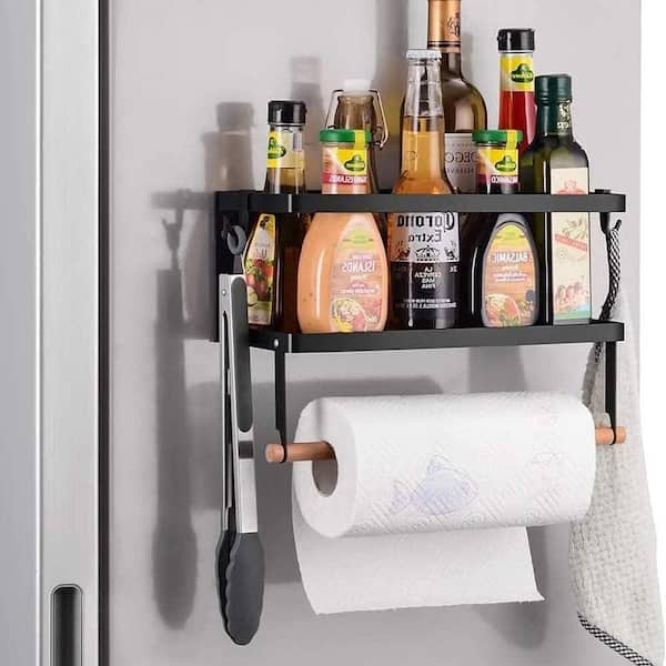 Magnetic Mount Black Magnetic Spice Rack and Paper Towel Holder Kitchen Organizer Shelf for Refrigerator Storage