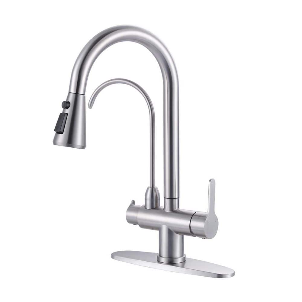 16.7 in. H Pull Down Sprayer Kitchen Faucet with Drinking Water Faucet and 360° Swivel Spout in Brushed Nickel price history on PriceWatchPro