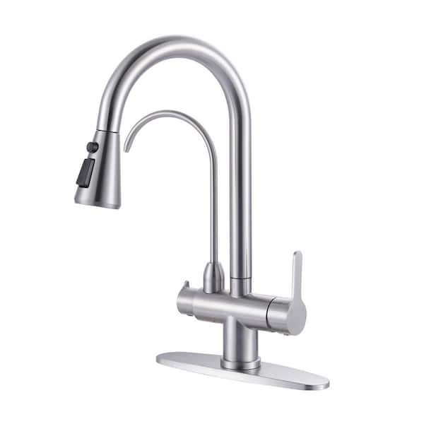 16.7 in. H Pull Down Sprayer Kitchen Faucet with Drinking Water Faucet and 360° Swivel Spout in Brushed Nickel