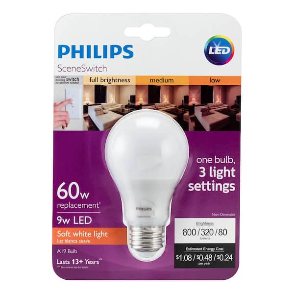 Misbruik verwarring Wissen Philips 60-Watt Equivalent A19 SceneSwitch LED Light Bulb Soft White  (2700K)/Amber (2500K)/Warm Glow (2200K) (8-Pack) 464883 - The Home Depot