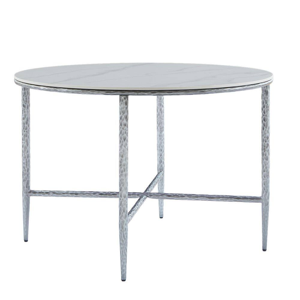 Tobias Carrara White Wood 45 in. W 4 legs Round Dining Table Seats 4, Forged Pewter