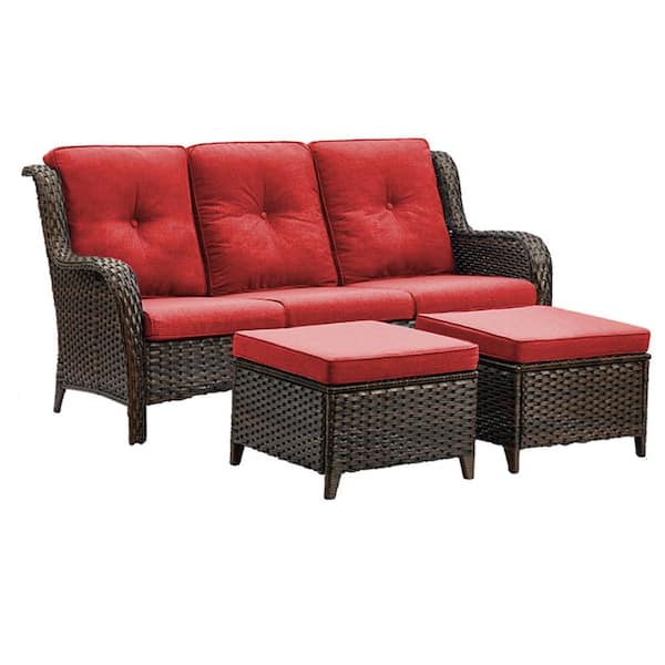 Brown 3-Piece Wicker Outdoor Patio Seating Conversation Set Sectional Sofa and Ottoman with Red Cushions
