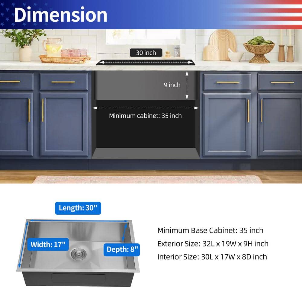32'' Stainless Steel Undermount Single Bowl Kitchen Sink with Accessories