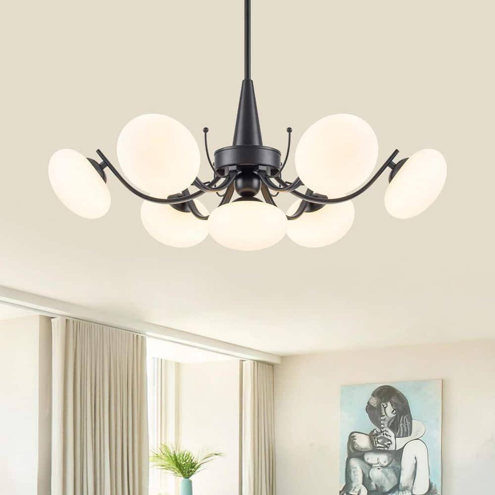 27.5 in. 7-Light Modern Matte Black Chandelier with Frosted White Glass Globes for Living and Dining Rooms price history on PriceWatchPro