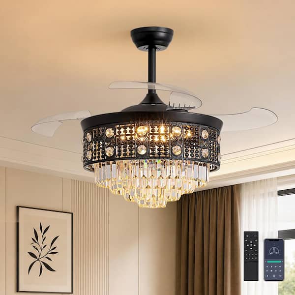 42 in. Matte Black Crystal Fandelier Ceiling Fan with Light for Bedroom and Dining Room, Remote and APP Control