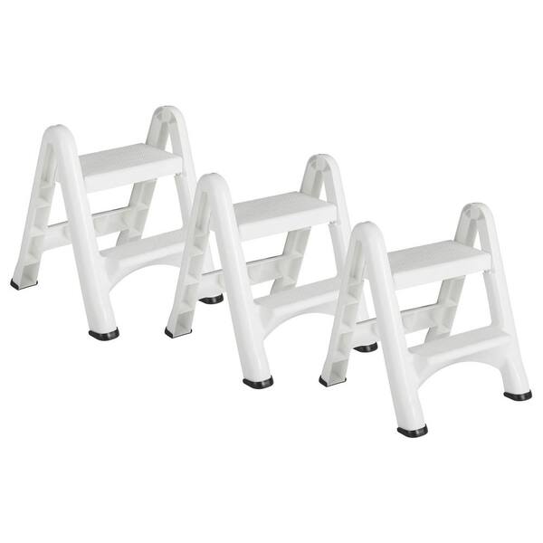 Rubbermaid EZ Step 2 Step Folding Plastic Ladder Step Stool with Foot Pads, 2 ft. Reach Height, White (3-Pack)