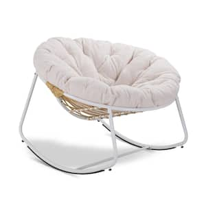 Rattan Rope White Frame 40 in. W Metal Outdoor Rocking Chair with Beige Teddy Cushion