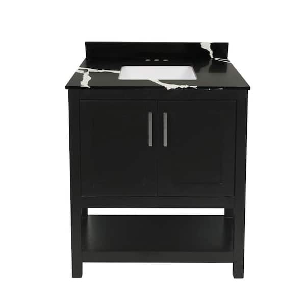 Amluxx Tufino 31 in. W x 22 in. D Bath Vanity in Espresso with Quartz Stone Vanity Top in Calacatta Black with White Basin