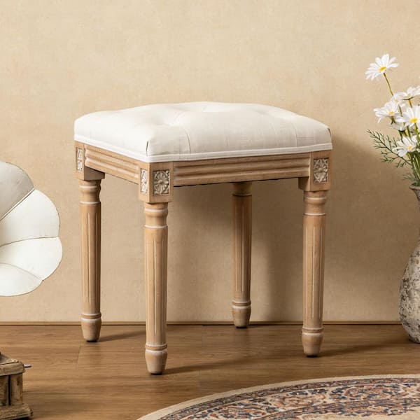 French 18.1 in. Tall Beige Tufted Linen Upholstered Bench Makeup Vanity Stool with Natural Finish Solid Wood Carved Legs