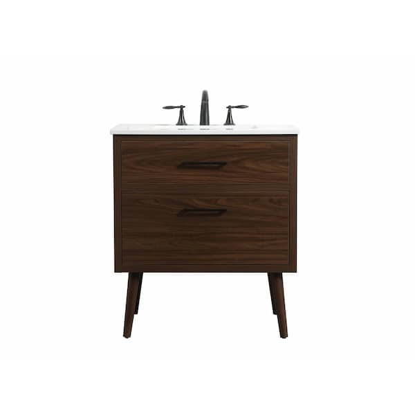 Unbranded Simply Living 30 in. W x 22 in. D x 33.5 in. H Bath Vanity in Walnut with Ivory White Engineered Marble Top