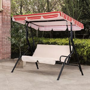 Tan and Red Striped Covered 2-Seatt Swing with Tilt Canopy