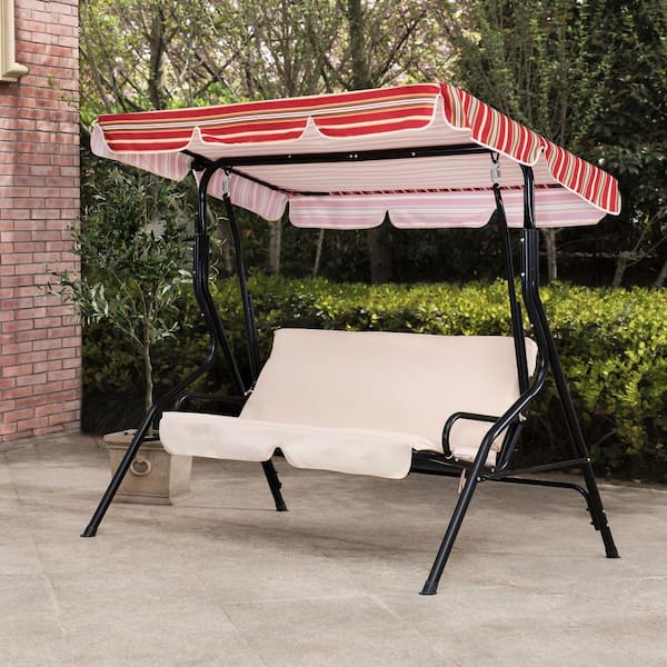 Sunjoy Tan and Red Striped Covered 2-Seatt Swing with Tilt Canopy