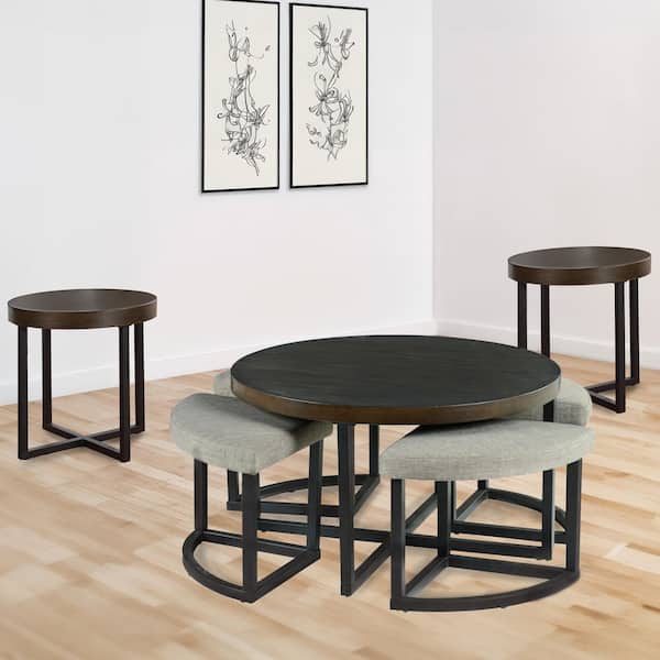 Yukon 36 in. Brown Wood Round Coffee Table with Stools and 2 End Tables