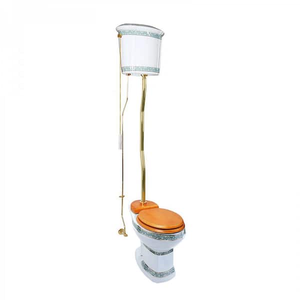 RENOVATORS SUPPLY MANUFACTURING High Tank Pull Chain Toilet 2-Piece 1.6 GPF Single Flush Elogated Bowl in White Green and Gold India Reserve Design
