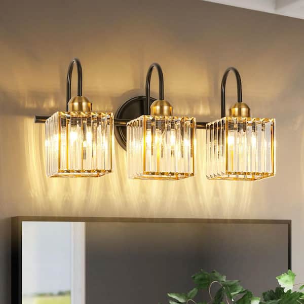 Arras 19.69 in. W 3-Light Black and Antique Brass Vanity Light with Square Crystal Shades