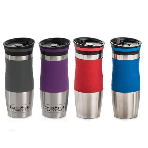 ExcelSteel 14 oz. Grey Double Walled Stainless Steel Coffee Tumbler with  Silicone Grip 127 - The Home Depot