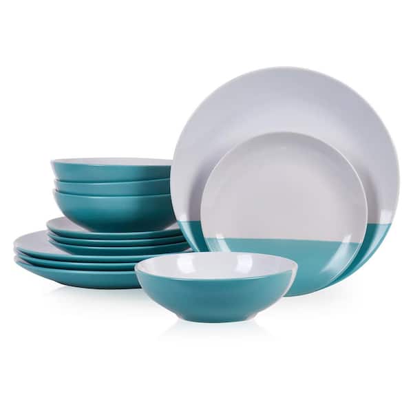 STONE LAIN Lizzy 12-Piece Teal Stoneware Dinnerware Set (Service for 4)