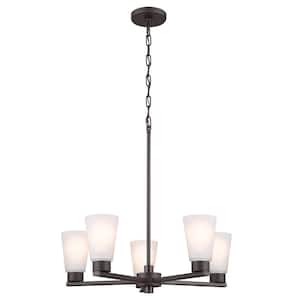 Stamos 24 in. 5-Light Olde Bronze Modern Shaded Circle Dining Room Chandelier with Satin Etched Glass Shades