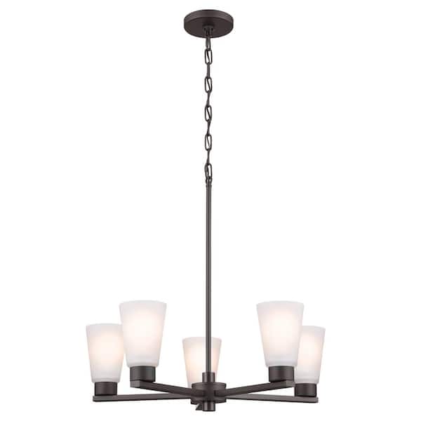 KICHLER Stamos 24 in. 5-Light Olde Bronze Modern Shaded Circle Dining Room Chandelier with Satin Etched Glass Shades