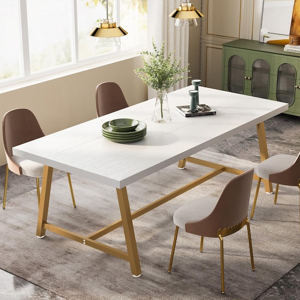 BYBLIGHT 70.9 in. Industrial White Gold Wooden 4-Legs Dining Table Rectangular Kitchen Table for 8-People