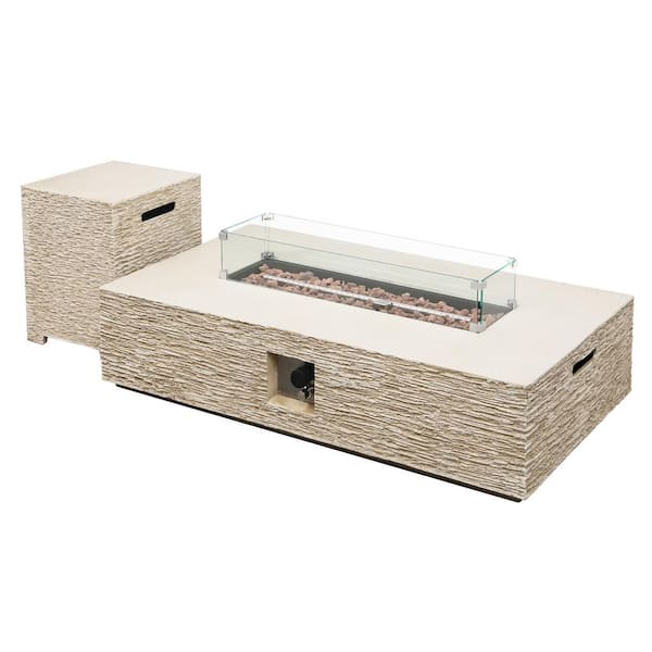 56 in. 50000BTU Outdoor Beige Rectangle Magnesium Oxide Fire Pit Table with Glass Cover and Propane Tank Cover
