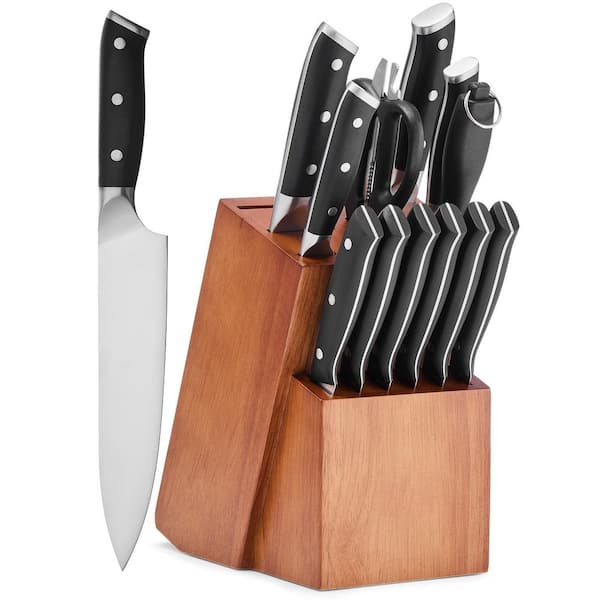 14-Piece Stainless Steel German Knife Set with Oak Wood Block and Built-in Sharpening Rod, Rust-Resistant