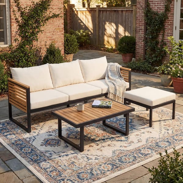 3-piece Patio Conversation Set with Beige Cushions, Acacia Wood
