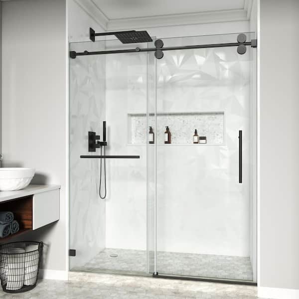 MOHALEN 56-60.5 in. W x 72 in. H Single Sliding Frameless Shower Door in Matte Black with 3/8 in. Clear Tempered Glass
