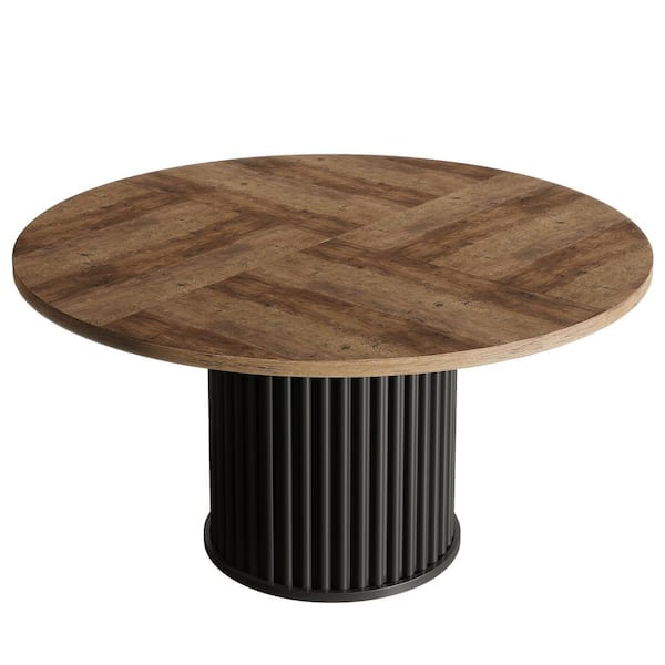 Alan 47 in. Modern Brown Black Wood Pedestal Dining Table Round Dinner Kitchen Table with Fluted Metal Base Seat 4