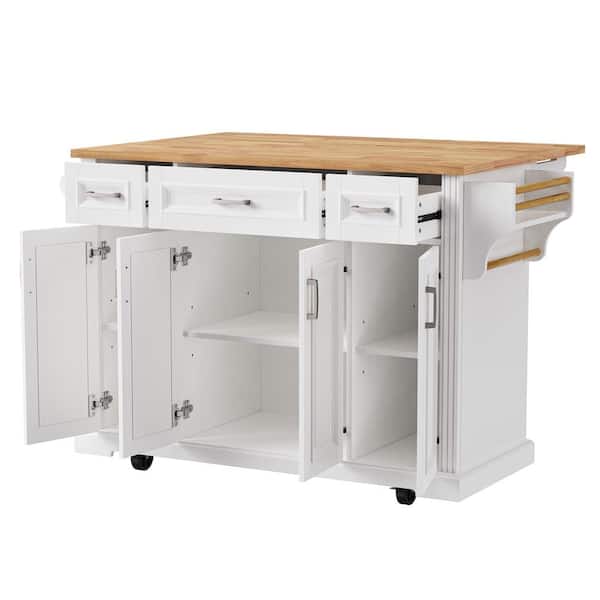 Cesicia Classic White Wood 54 in. Drop Leaf Embossed Texture Rolling Large Kitchen Island with 3-Drawer and 4-Door