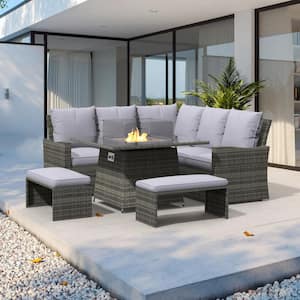 Rebecca Gray 5-Piece Wicker Patio Fire Pit Conversation Sofa Set with Gray Cushions