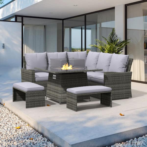 moda furnishings Rebecca Gray 5-Piece Wicker Patio Fire Pit Conversation Sofa Set with Gray Cushions