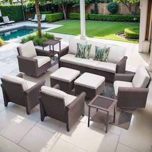 Nyajiah 9-Piece Wicker Patio Conversation Set with Beige Cushions