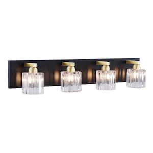 28 in. 4-Light Matte Black and Warm Brass Vanity Light with Clear Glass Shade
