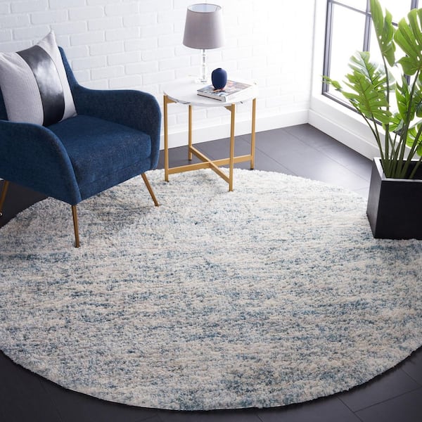 Berber Shag Ivory/Light Aqua 7 ft. x 7 ft. Solid color Striped Round Area Rug