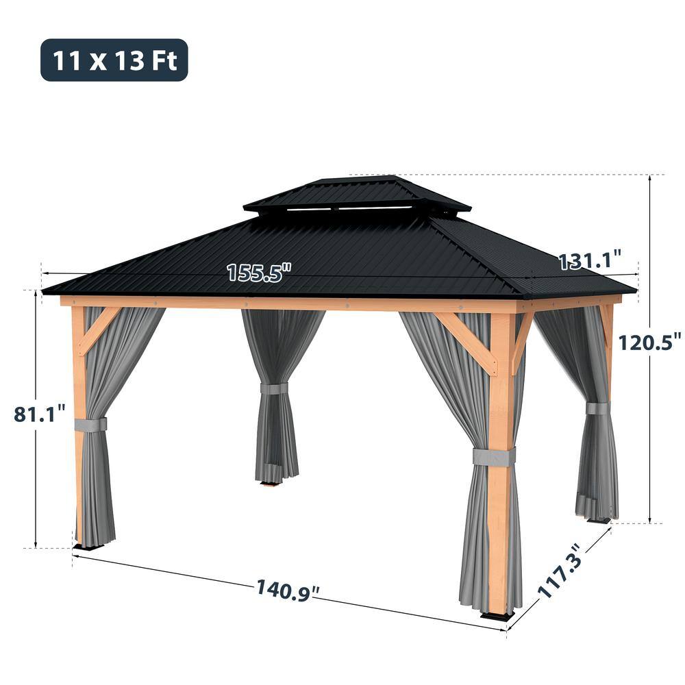 11' x 13' Wooden Patio Gazebo with Black Metal Roof and Gray Curtains