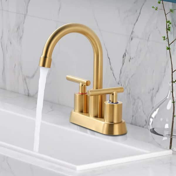 Modern 4 in. Centerset Double Handle Bathroom Sink Faucet with Pop-Up Drain and Removable Aerator in Brushed Gold