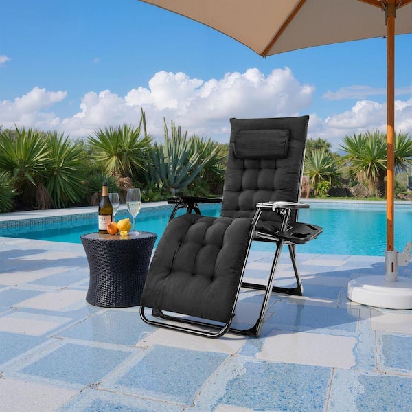 Zero Gravity Metal Reclining Outdoor Lounge Chair with Black Removable Cushion & Cup Holder Trays for Camping or Indoor