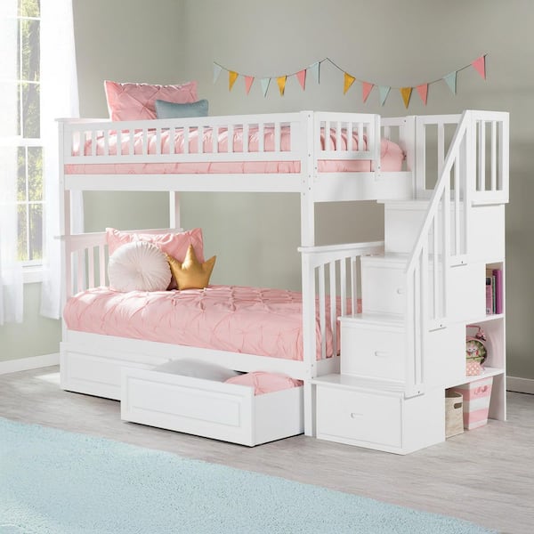 Columbia Staircase Bunk Bed Twin Over Twin with 2 Raised Panel Bed Drawers in White