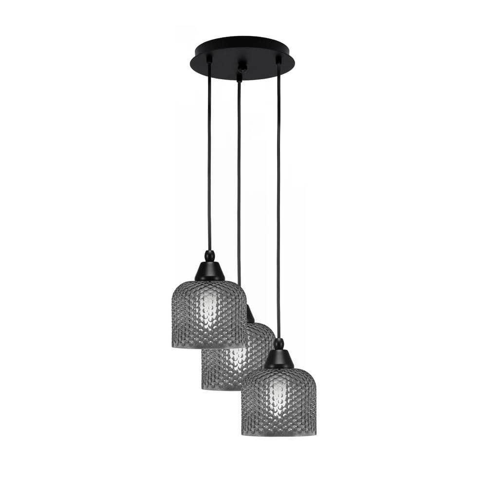 Savannah 9.25 in. 3-Light Matte Black Cord Pendant Light Smoke Textured Gla