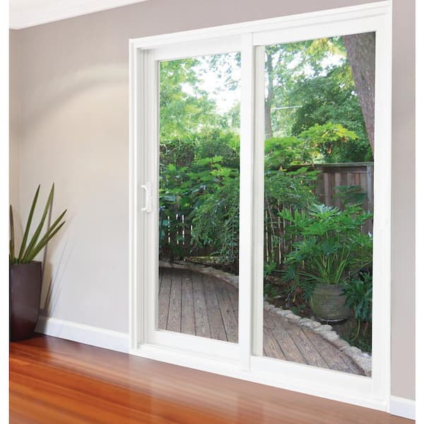 71 in. x 80 in. Glacier White Vinyl Right-Hand Low-E Sliding Patio Door with Screen, Handle Set and Nailing Fin