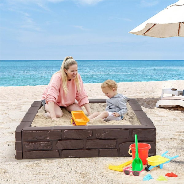 3.92 ft. W x 3.92 ft. L HDPE Square Sandbox with Cover in Brown